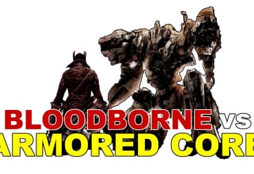 Bloodborne Hunter and Armored Core Mech text reads BLOODBORNE VS ARMORED CORE