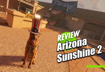 Buddy the dog sits in a patio with an American top hat on in Arizona Sunshine 2