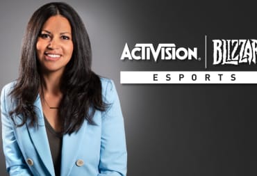 A photo of Johanna Faries standing next to an Activision Call of Duty Esports logo