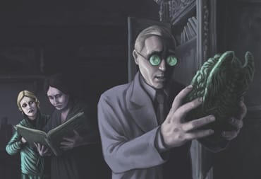 Artwork from Call of Cthulhu Gateways to Terror, showing a group of investigators in a library, one is holding a green glowing statue.