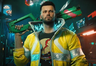 A character in Cyberpunk 2077 wearing Edgerunners gear