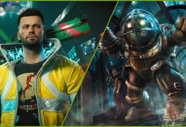 A character from Cyberpunk 2077 and a Big Daddy from BioShock side-by-side