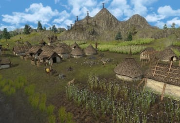 game screenshot showing an ancient rural village constructed of wattle and daub with thatched roofs. 