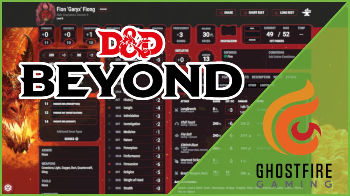 The D&D Beyond and Ghostfire Gaming logo against a D&D Beyond Character Sheet