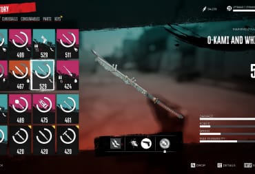 Dead Island 2 menu with brightly coloured symbols depicting several weapons, and a samurai sword with metal bolted to it named "Okami and Whiskey" in the main view.