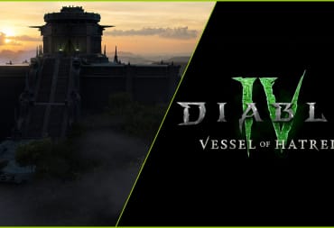 Hero image for the Diablo 4 expansion "Vessel of Hatred" with logo and the Ziggurrat of Kurast