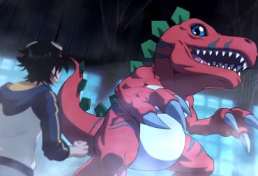 A Tyrannomon looking menacing in Digimon Survive