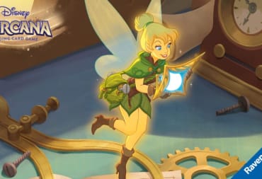 Artwork of Tinkerbell in a suit made out of leaves from the Disney Lorcana 2024 set Into The Inklands