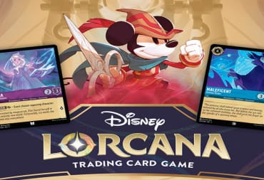  A promotional image of Disey Lorcana, featuring Mickey Mouse in a muskateer outfit, surrounded by cards.