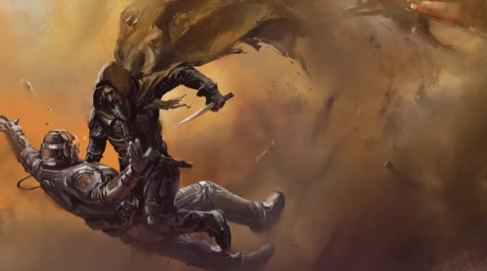 Artwork of a Fremen lunging towards a Sardaukar warrior from Dune Adventures in the Imperium