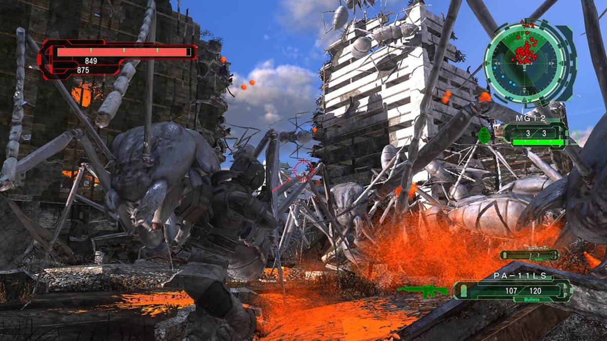 earth defense force 6 fighting frog aliens with battle overlay on screen