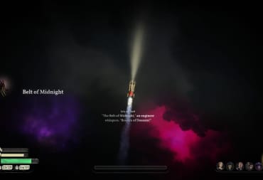 sunless skies screenshot showing a dark purple sky with a strange locomotive floating through it. 