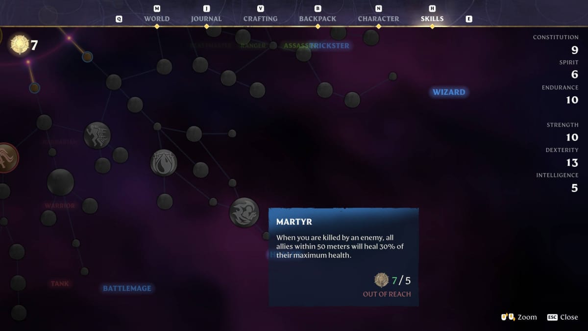 Enshrouded Class and Skills Guide - Martyr Skill Highlighted on the Healer Tree