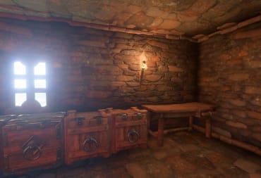 Enshrouded Crafting Guide - Cover Image Workbench Next to Several Storage Chests in a Stone Building