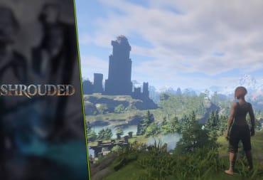 Enshrouded Guide - Cover Image Character Standing Outside of the Cinder Vault with an Ancient Spire and the Shroud in the Distance