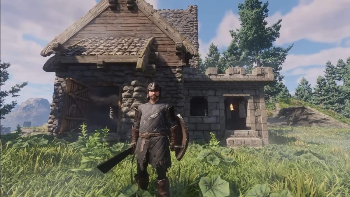 A player standing outside their wooden homestead in Enshrouded