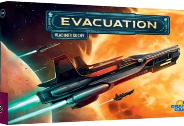 Box art for the board game, Evacuation, showing a spaceship flying in front of a star.