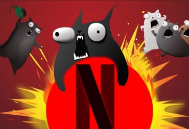 Three kittens on a red background, one holding a grenade, one hanging on to a red sun with the Netflix logo on it, all of which are screaming