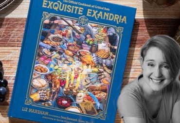 Author Liz Marsham against an image of Exquisite Exandria, a Critical Role Cookbook