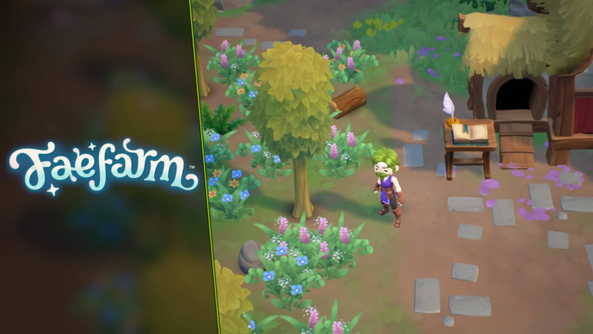 Fae Farm Starter Guide - Cover Image Standing on a Messy Farm Next to a Chicken Coop with the Fae Farm Logo on the Left