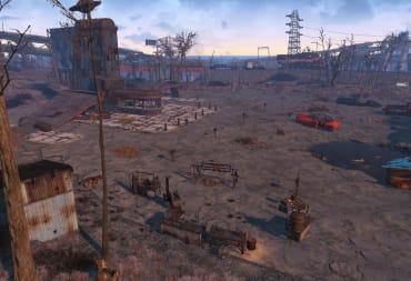 Fallout 4 screenshot showing a huge abandoned drive-in cinema containing 