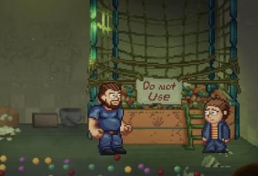 The father and son characters from the pixel art game Five Nights at Freddy's: Into the Pit standing in front of a dumpster