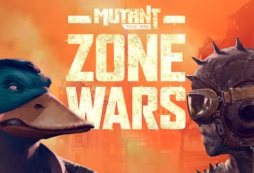 A promotional screenshot of Mutant Year Zero: Zone Wars, showing a duck man and a humanoid in a leather cap, standing in front of an orange sunset.