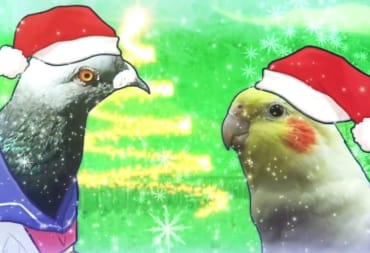 Two photorealistic birds with Santa hats on in Hatoful Boyfriend