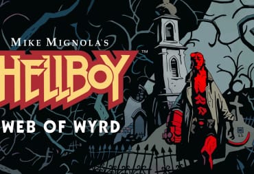 Hellboy Web of Wyrd key art showing a german expressionist background with hellboy himself walking on the right-hand side