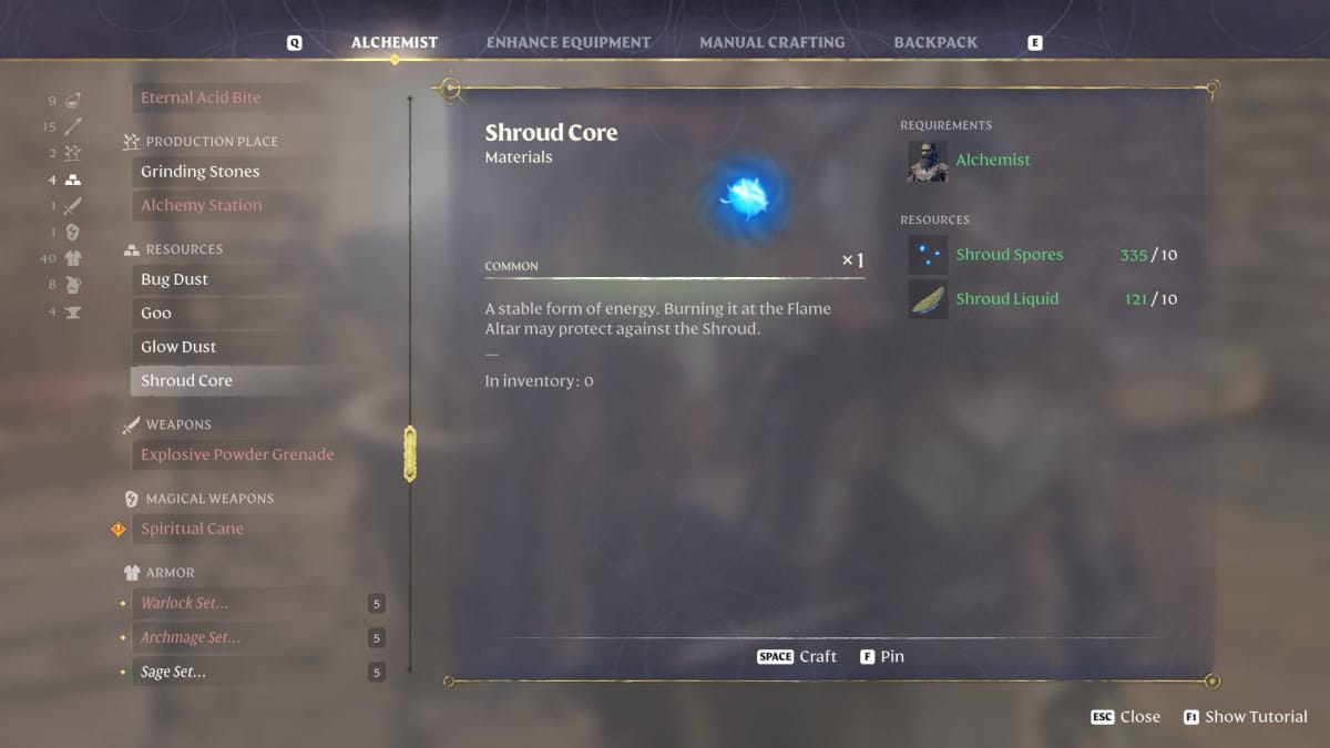 How to Get Shroud Cores in Enshrouded - Crafting a Shroud Core at the Alchemist