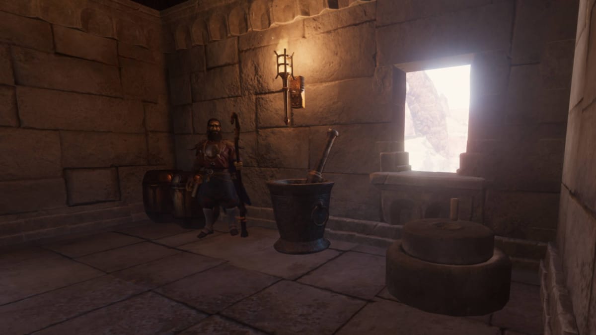 How to Unlock Craftspeople NPCs in Enshrouded - Alchemist NPC Standing Next to Barrels and a Mortar and Pestle with a Grinding Stone to the Right