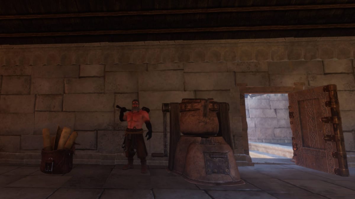 How to Unlock Craftspeople NPCs in Enshrouded - Blacksmith NPC Standing Next to a Smelter with an Open Door and Firewood Bucket Nearby