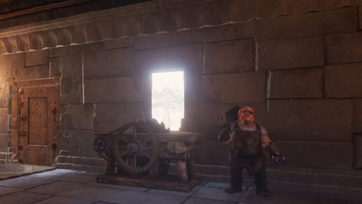 How to Unlock Craftspeople NPCs in Enshrouded - Carpenter NPC Standing Next to a Table Saw in Front of a Window