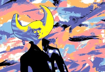 A yellow man with a crescent moon shaped head, posed in front of a psychedelic backgroud