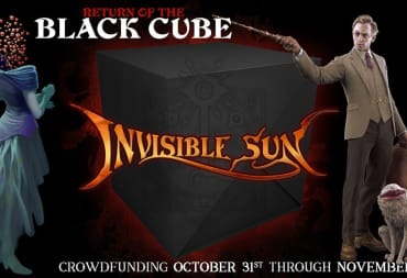 A promotional image of Invisible Sun: Return of the Black Cube, featuring a black cube, a fur-covered monster, a man in a waistcoat wielding an ornate rifle, and a woman in a dress with flowers for a head.