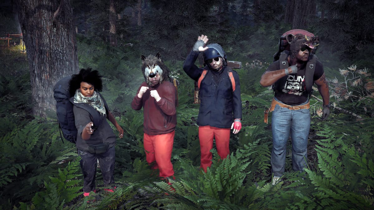 Four characters from the Jagex survival game Scum lined up in a dark forest