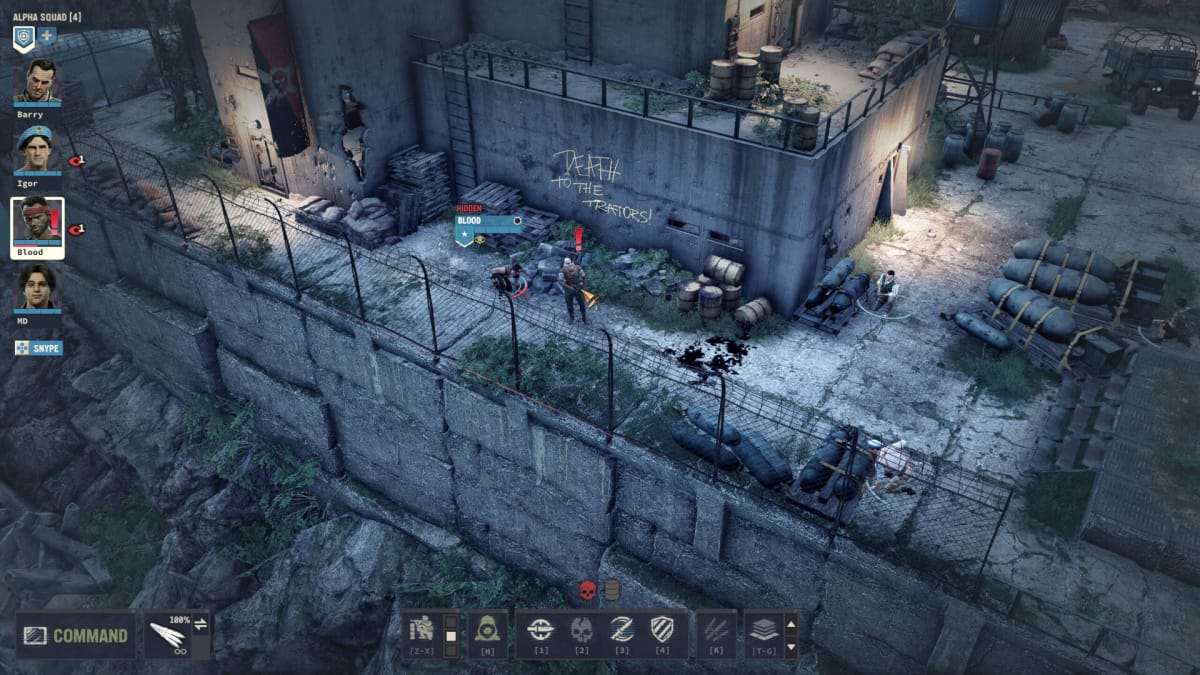 The player sneaking up on a guard in a facility at night in Jagged Alliance 3