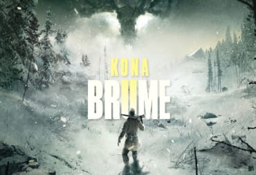 A spread-shot cover of Kona II: Brume, showcasing the main character Karl Faubert looking into the horizon, with a dark cloud in the shape of a moose head above him and the game's logo.