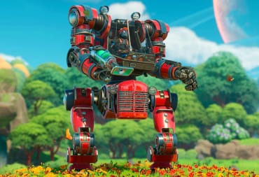 One of the mechs in Lightyear Frontier standing in a calm meadow surrounded by butterflies