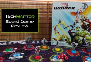 Marvel D.A.G.G.E.R. displayed with various tabletop pieces on the board, as well as the box art depicting famous Marvel heroes.