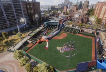 Spider-Man over the stadium for the Home Run Trophy in Marvel's Spider-Man 2