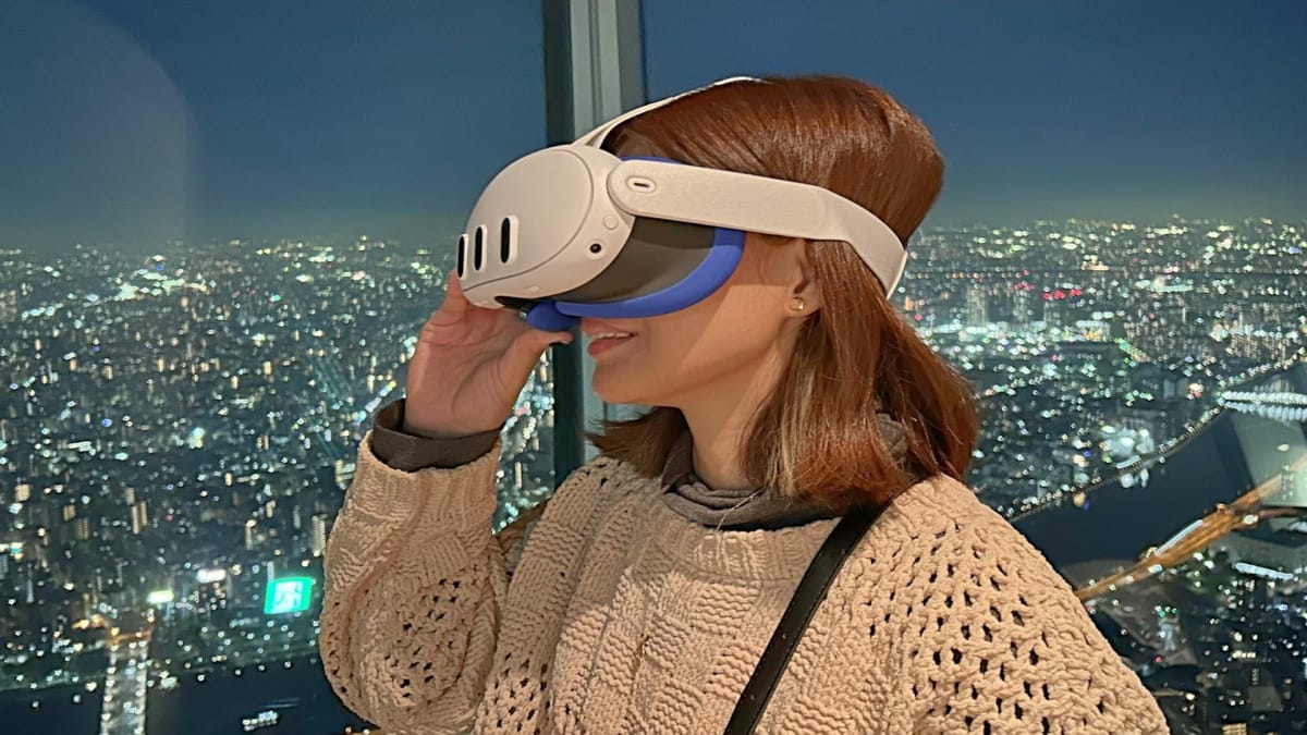 A woman is shown using the Meta Quest 3 VR headset, with the Tokyo skyline in the background.