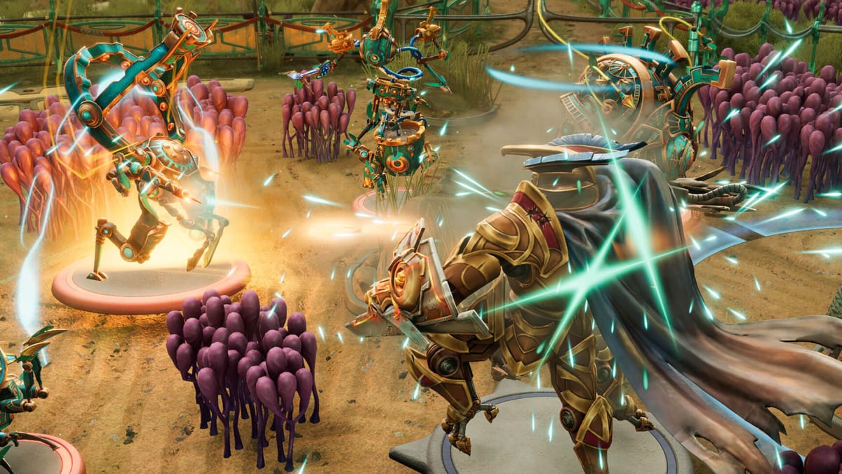 A chaotic turn-based combat scene in Brandon Sanderson and Unknown Worlds' Moonbreaker