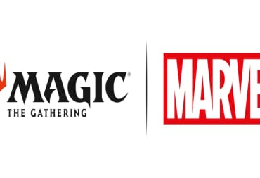 The logos for both Magic The Gathering and Marvel comics on a white background