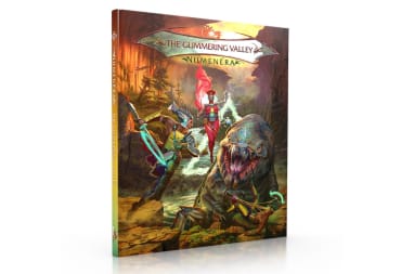 The cover artwork of Numenera The Glimmering Valley, depicting a large toothed monster, a warrior with a glowing sword, and a figure in red armor.