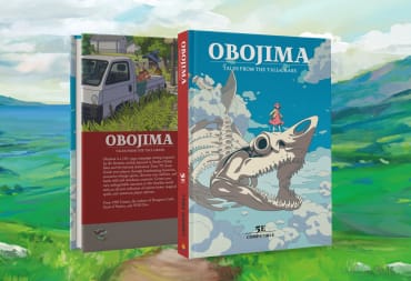 The book cover for Obojima: Tales from the Tall Grass, depicting a young girl in a pink dress riding a large skeletal dragon through a bright cheery sky.