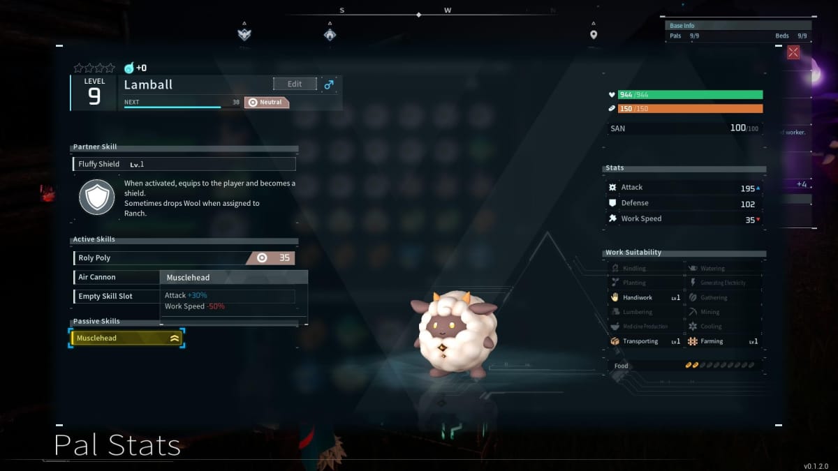 Palworld Pal Stats Screen for Lamball with a showing of the Musclehead Passive Skill that grants +30% attack at the cost of 50% workspeed