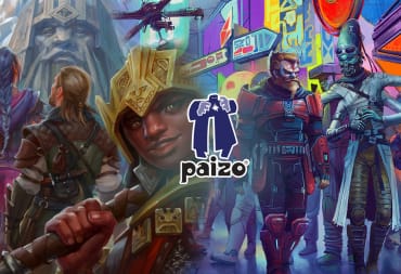 The logo for Paizo Inc, surrounded by artwork from both Pathfinder and Starfinder.