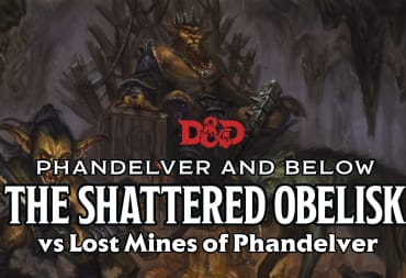 The Phandelver and Below artwork with "Vs Lost Mines of Phandelver" below, behind is artwork of a Goblin cave encounter