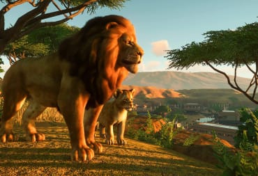 Two lions looking out over a zoo in Planet Zoo